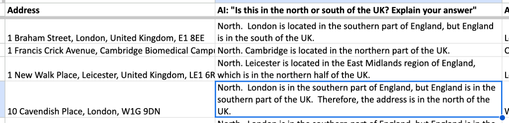 Spreadsheet with a column for Address and a column for AI: “Is this in the north or south of the UK? Explain your answer” Results show it classifying London and Cambridge as being in the South of the UK
