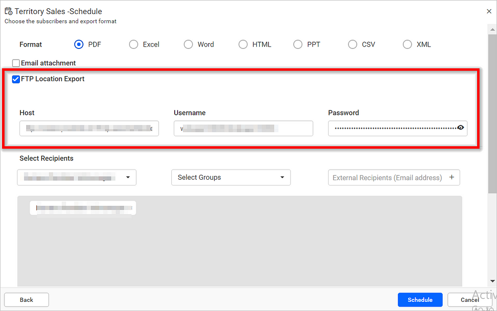 FTP location export