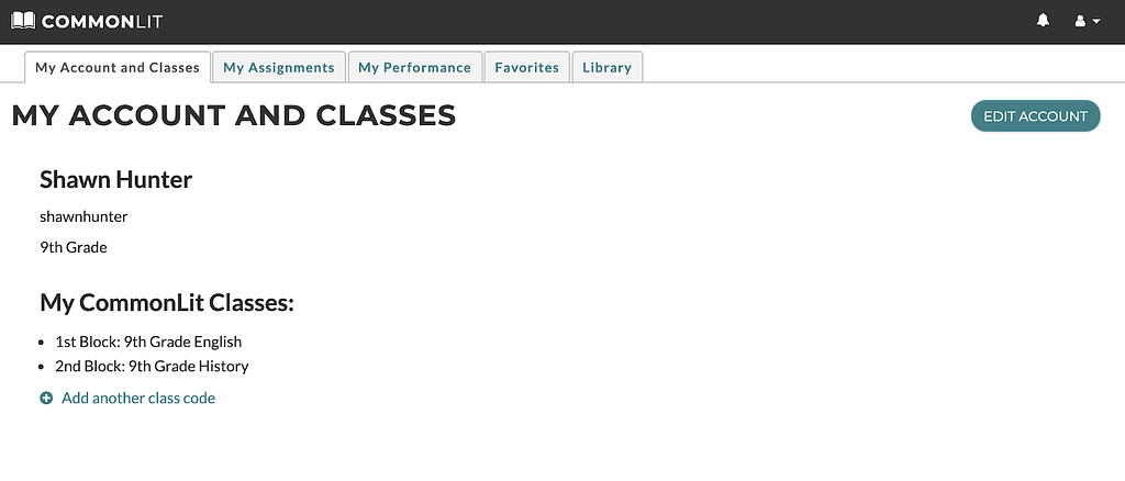 Screenshot of CommonLit.org with white background. Black and teal text reads “My Account and Classes”.