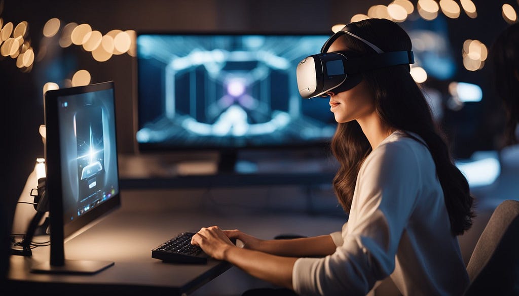 Girl using her VR headset while working on the PC.