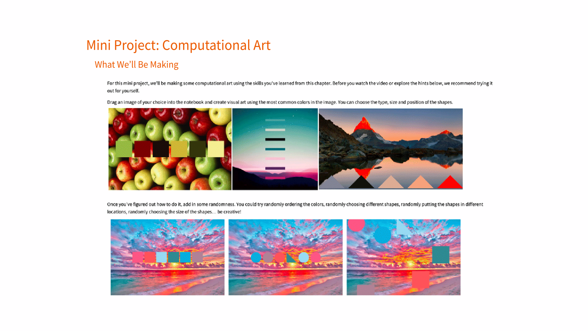 Mini Project — Computational Art, one slide in an animated GIF with examples of different projects