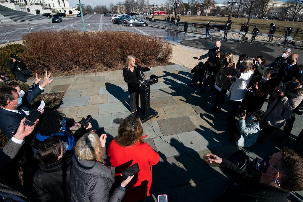 Greene hosts a press conference in Washington, DC, after the House voted to remove her from her committee assignments on February 5, 2021.