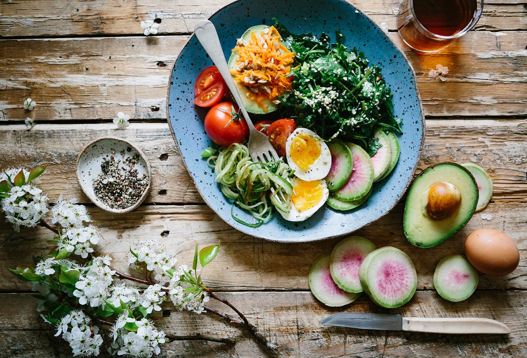 Low-carb meal on a wooden table