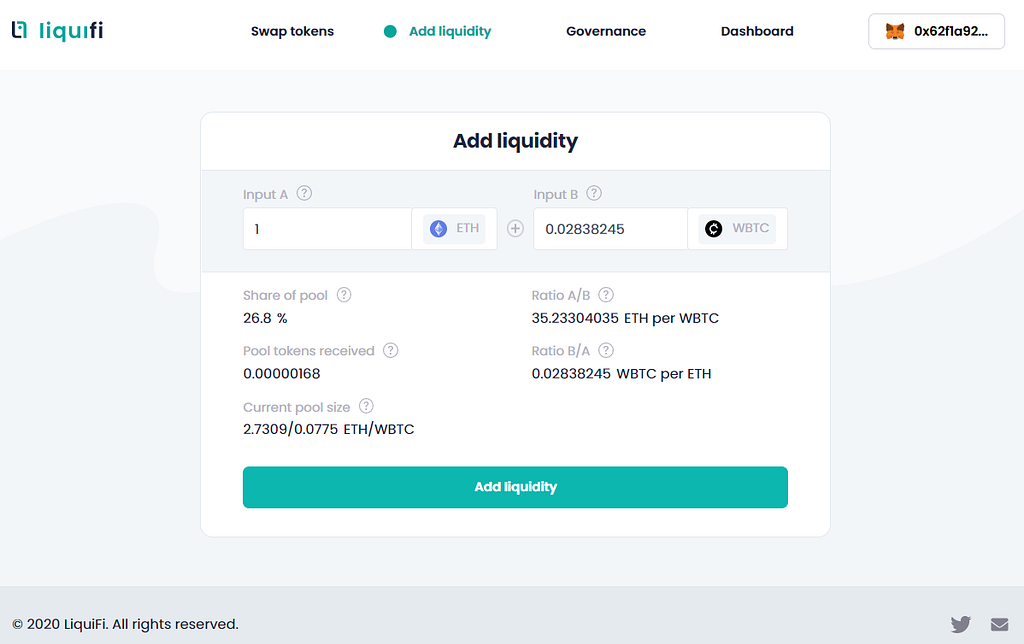 Liquifi Exchange UI — Add liquidity screen