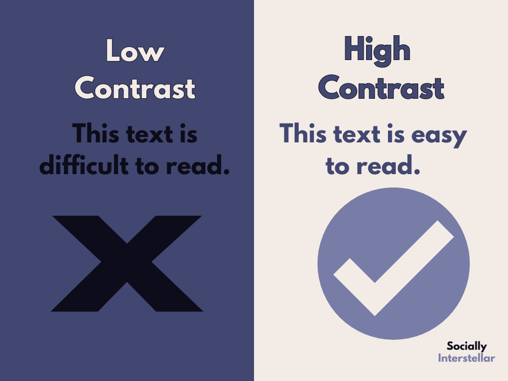 Image showing the difference between low contrast and high contrast between the background and text colors.