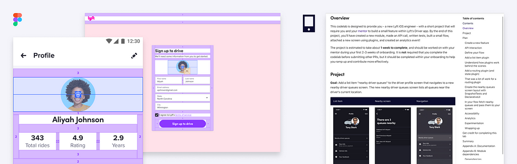 Captura de tela mostrando uma página de onboard para Design e outra para Engenharia, na Lyft