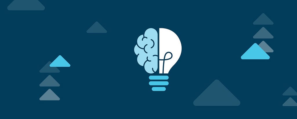 vector image of lightbulb with half of the bulb being a half a brain, surrounding by blue arrows on navy background