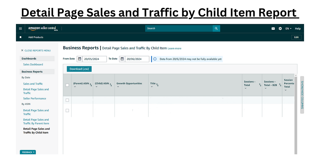 Screenshot of Amazon Detail Page Sales and Traffic by Child Item report