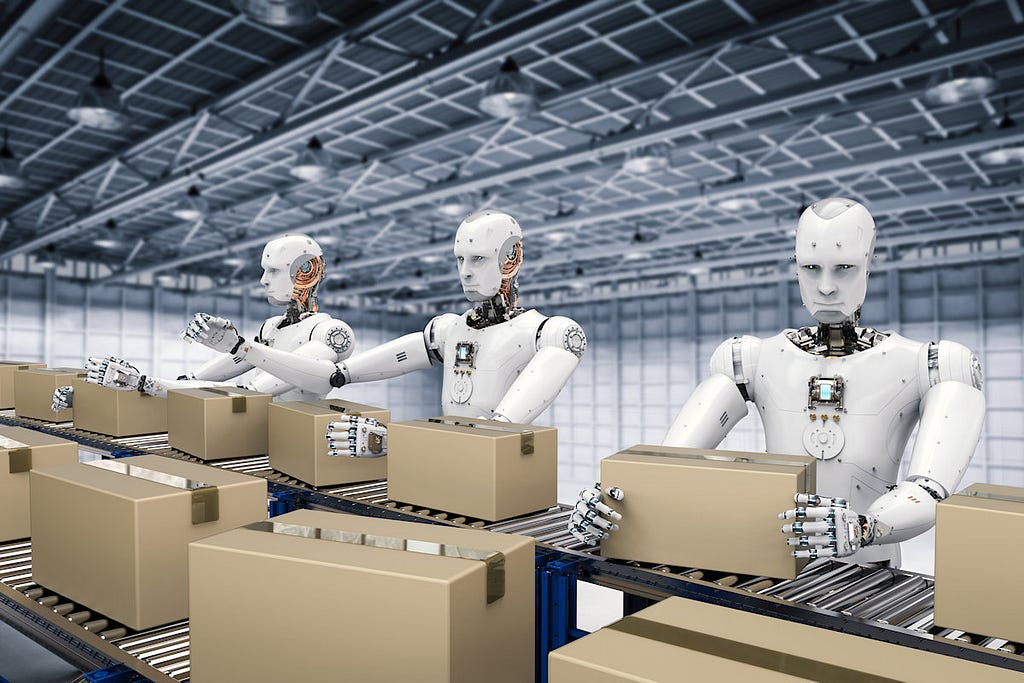 AI rendering of robots working in a warehouse