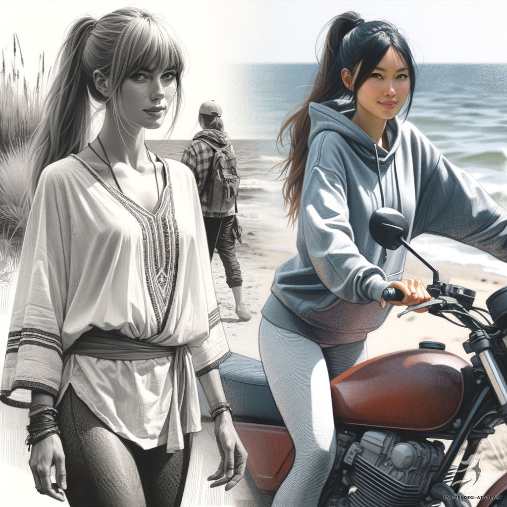 Two  women one of them with side swept bangs hairstyle and wearing tunic and leggings and the other with a ponytail hairstyle and wearing a hoodie and leggings are riding a motorcycle with gear at the sea , rendered with light brushwork and a focus on light variations and scenes