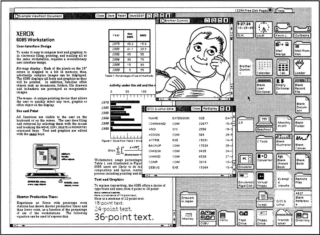 Captura da tela da área de trabalho do sistema operativo do Xerox Star