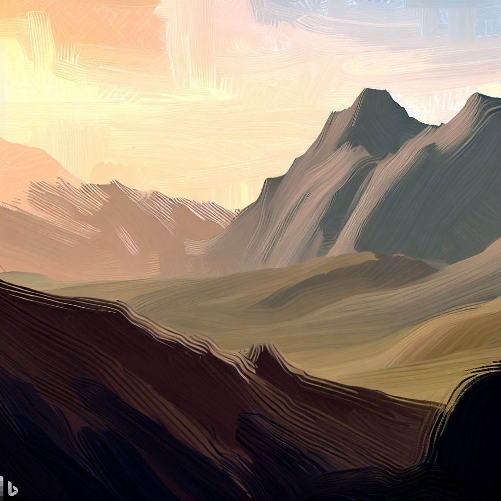 AI-generated stylized painting of a mountain range at sunset.