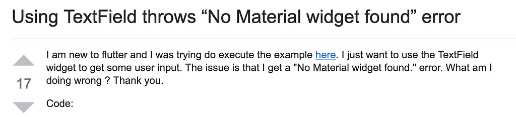 Uno screenshot di una domanda pubblicata su StackOverflow relativa all'errore "No Material widget found".