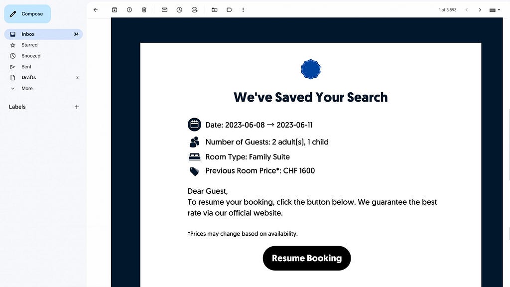 An email mock-up of an abandoned booking reminder email campaign.