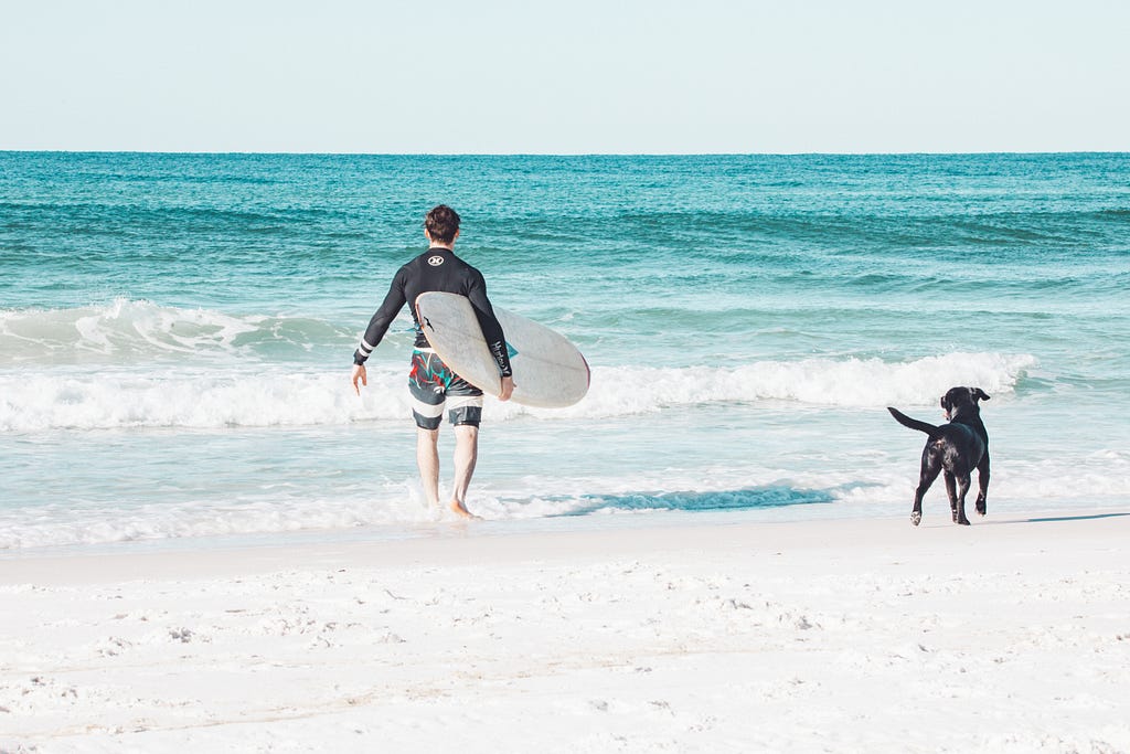 Man with surfboard and dog on the beach