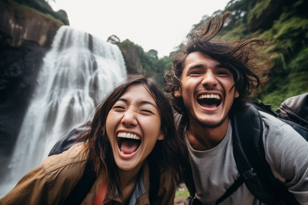 Young couple enjoying low-cost trips with laughter and adventure.