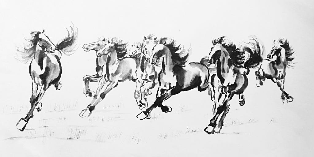 a brush drawing of four galloping horses