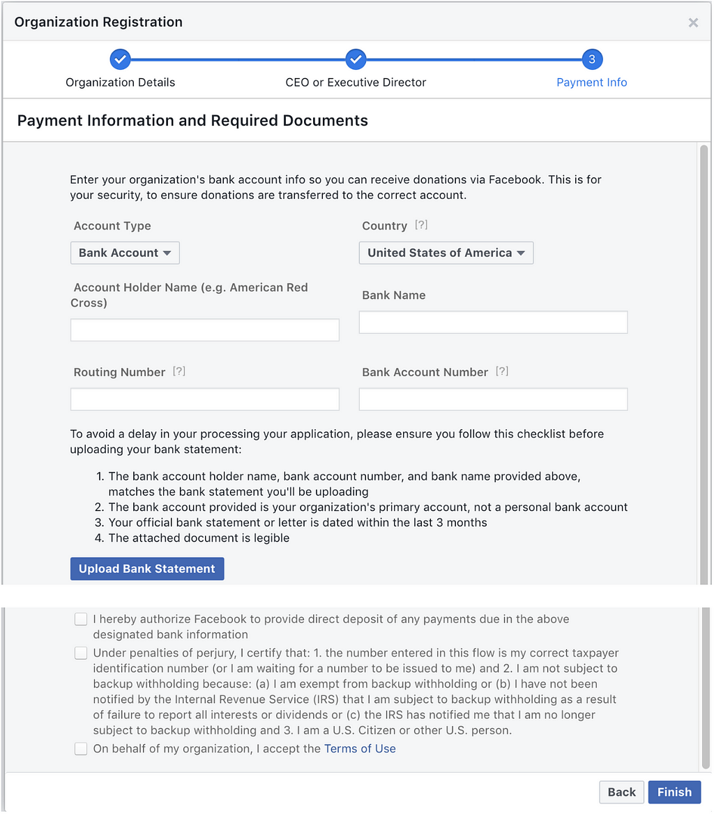  Facebook Donation Account Form payment info