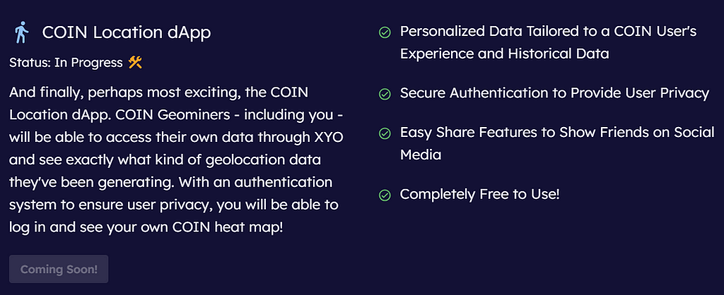The COIN Location dApp as featured on the official XYO 2023 roadmap.