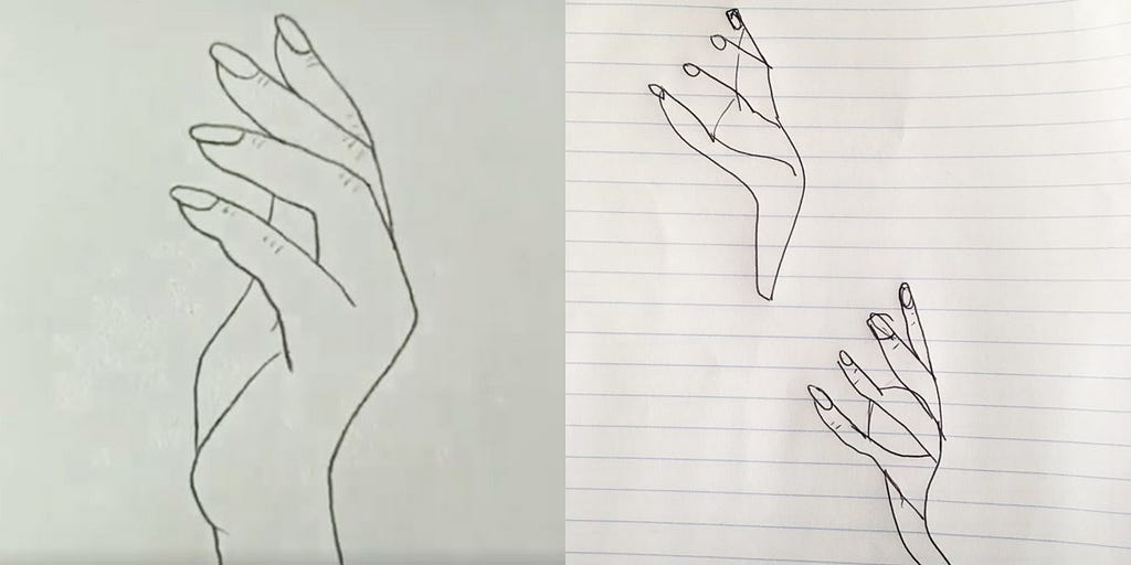 Expert drawing of a hand compared to terrible drawings by amateurs.