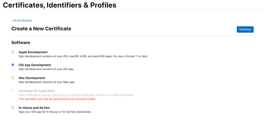 A view of the Apple Developer Portal when creating a development certificate