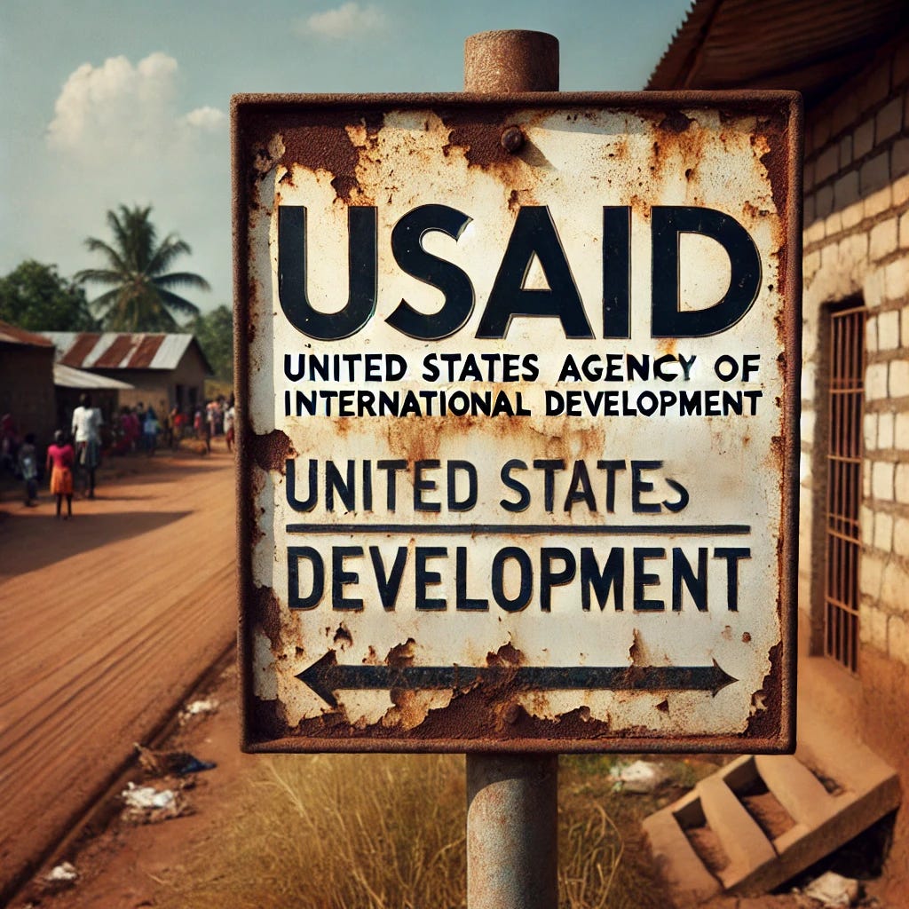 An AI generated image of a rusted USAID sign by a dirt road. Not very good.