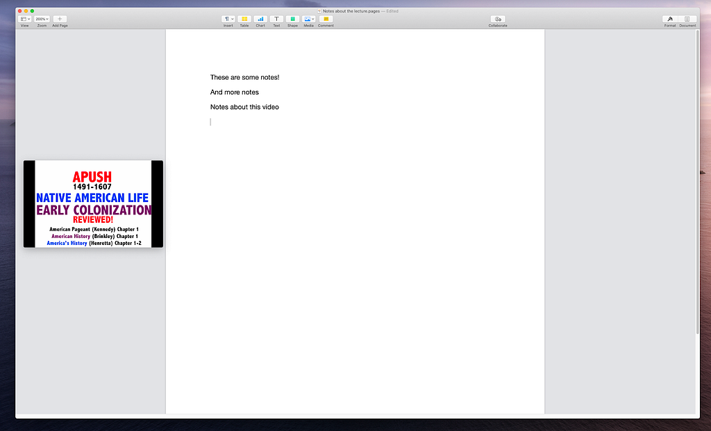 PiP video open to the left with Pages applications on the left