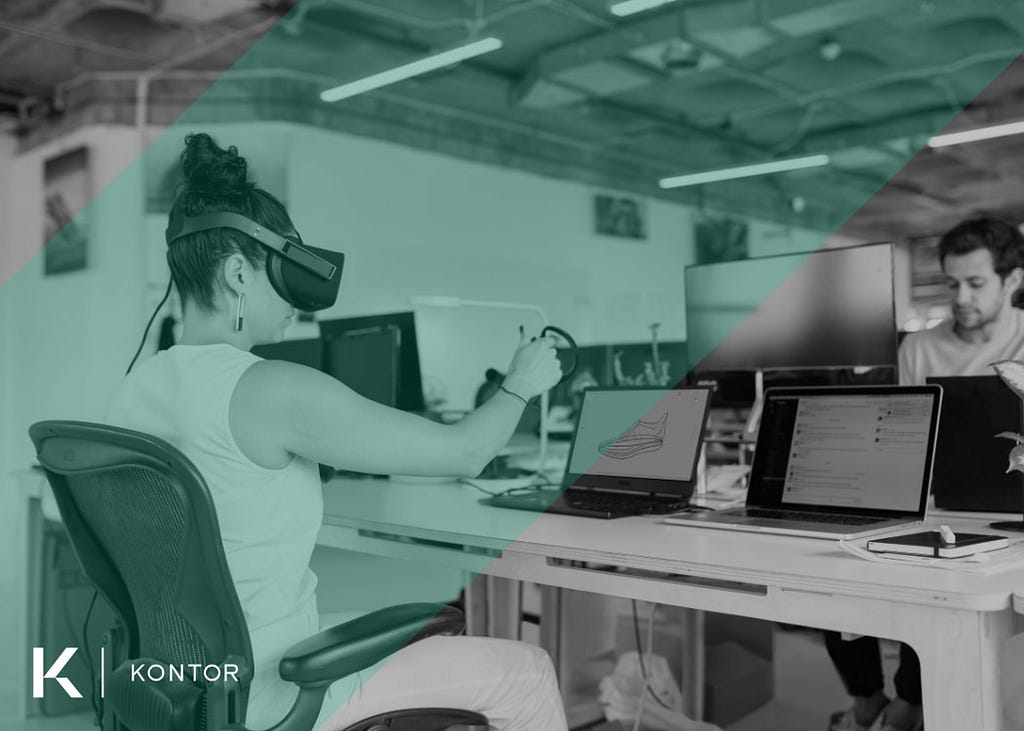 Black and white image of a person in an office sitting at a desk using a virtual reality device. A person is sitting across from them at a desk, but they’re not wearing any head mounted display. Over the image is a diagonal light green rectangle. In the bottom right corner is the Kontor logo.