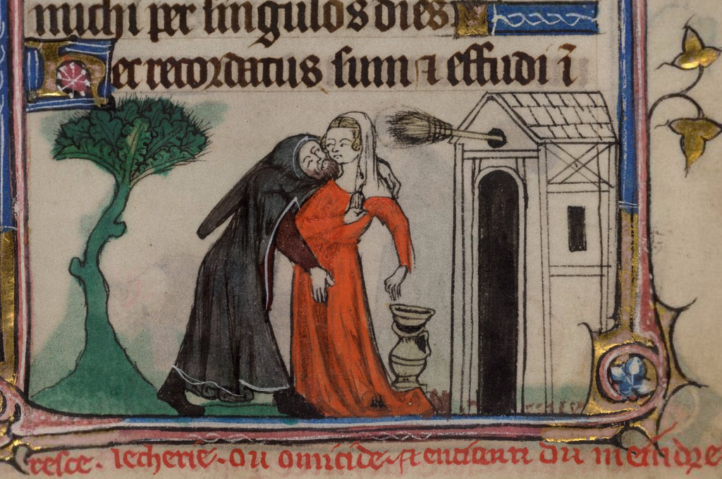 Medieval illumination depicting a man forcibly grabbing at a woman’s genitals.