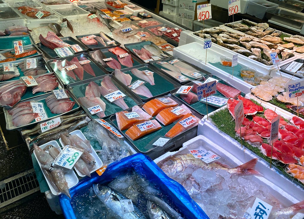 Different kinds of fish sold at a Japanese wholesale market.