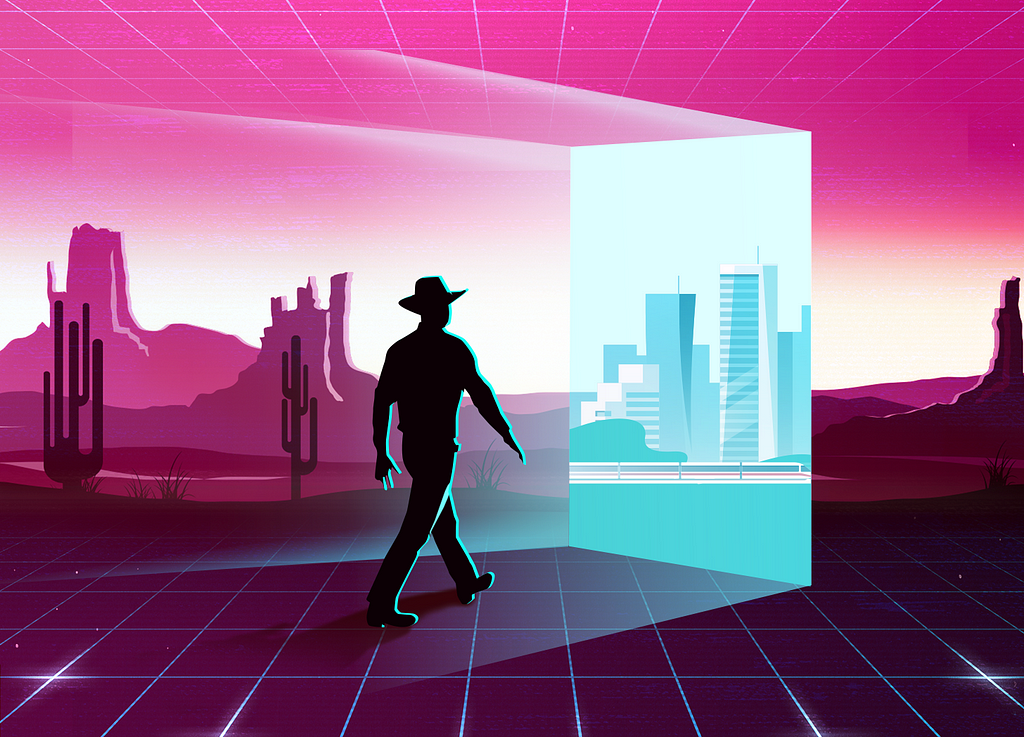 A cowboy walks in a western-style metaverse towards a door opening to a modern cityscape