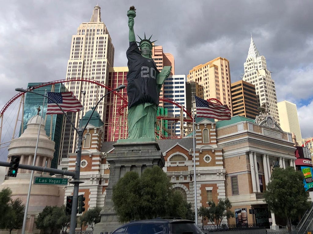 Even the giant, fake Statue of Liberty was wearing a mask.