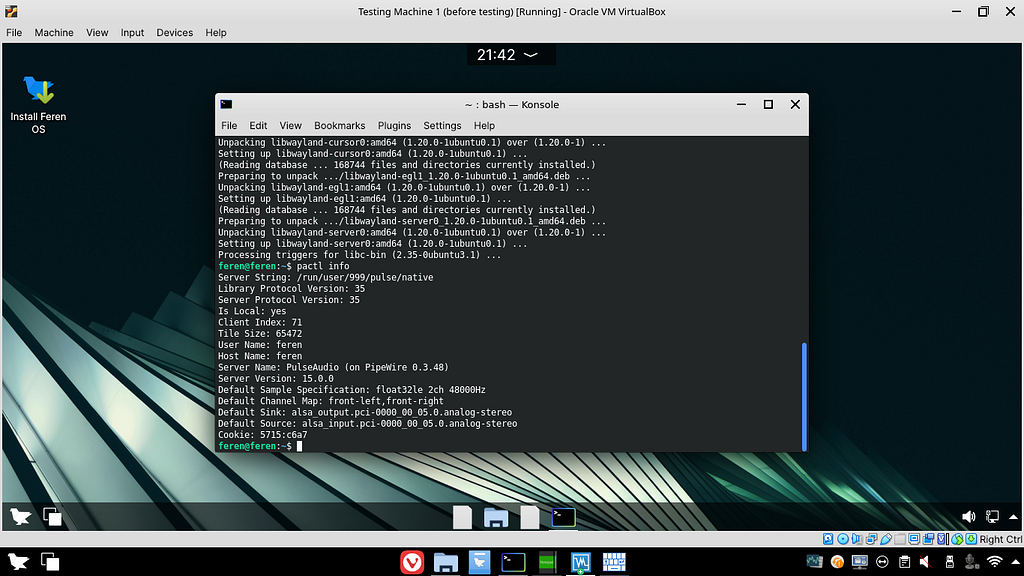 A Terminal window is opened on a Feren OS Pre-Alpha Build, inside of a VirtualBox powered Virtual Machine. Below the Terminal window you can notice Vivaldi and Store are missing icons, and behind it you can see a green stairs like wallpaper. But, inside of the Terminal window, you can read something about a Server Name, on “pactl info”’s output, being “PulseAudio on PipeWire 0.3.48”.