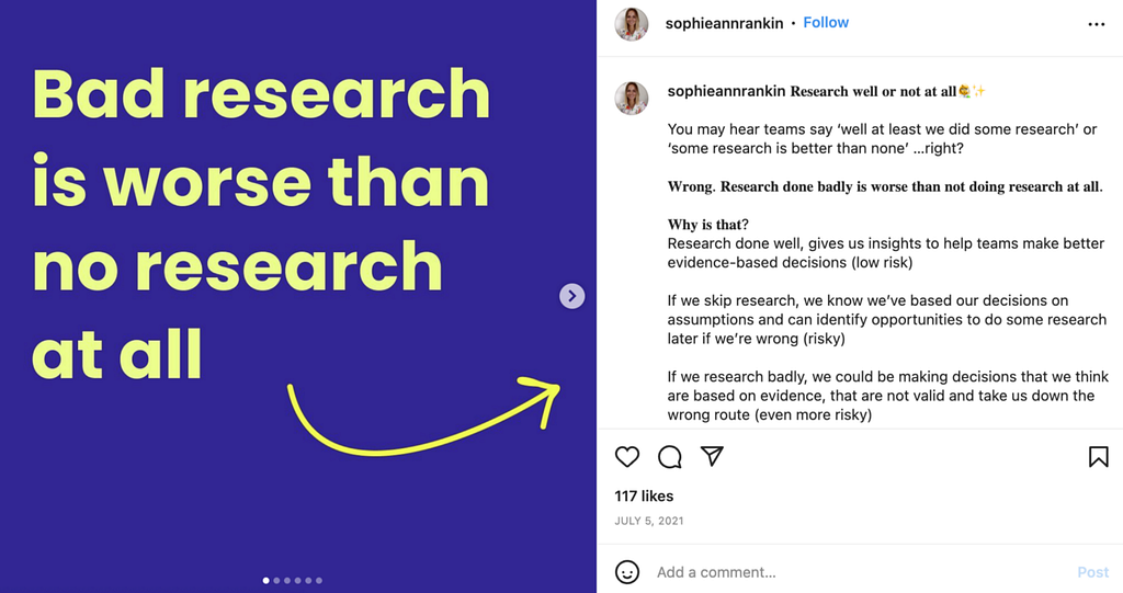 Screenshot of an Instagram post ‘Bad research is worse than no research at all’ in bold letters. Next to it is a caption ‘Research well or not at all’ with 117 likes
