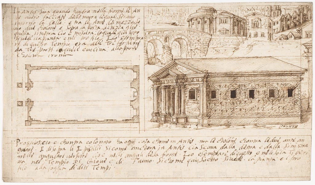 A Renaissance architect’s translation of Vitruvius, circa 1530–45. Floor plan and elevation drawn together — the blueprint as thinking tool, not finished product.The Metropolitan Museum of Art, Bequest of W. Gedney Beatty, 1941. Public domain.
