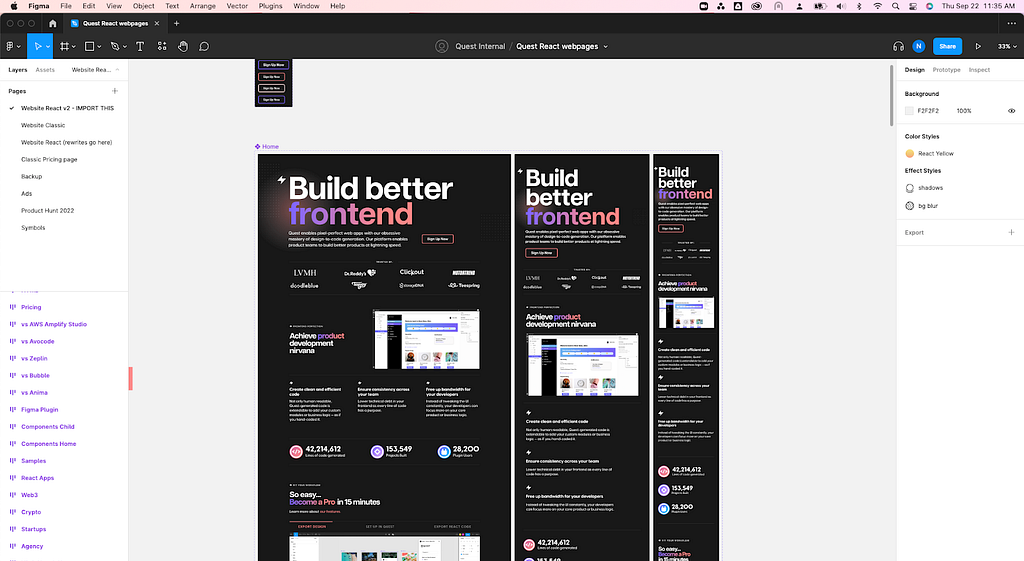Screenshot of website design in Figma
