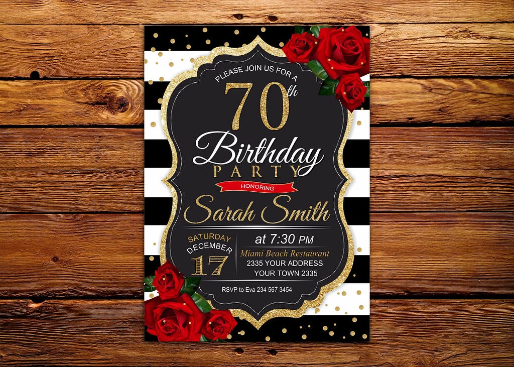 70th Birthday Party Invitation. Red Roses and Gold 70th Etsy
