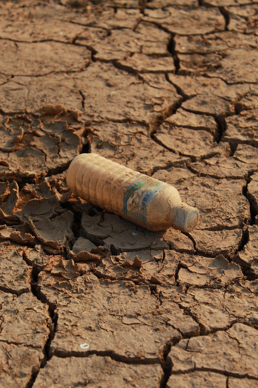 A plastic bottle on broken and cracked soil.