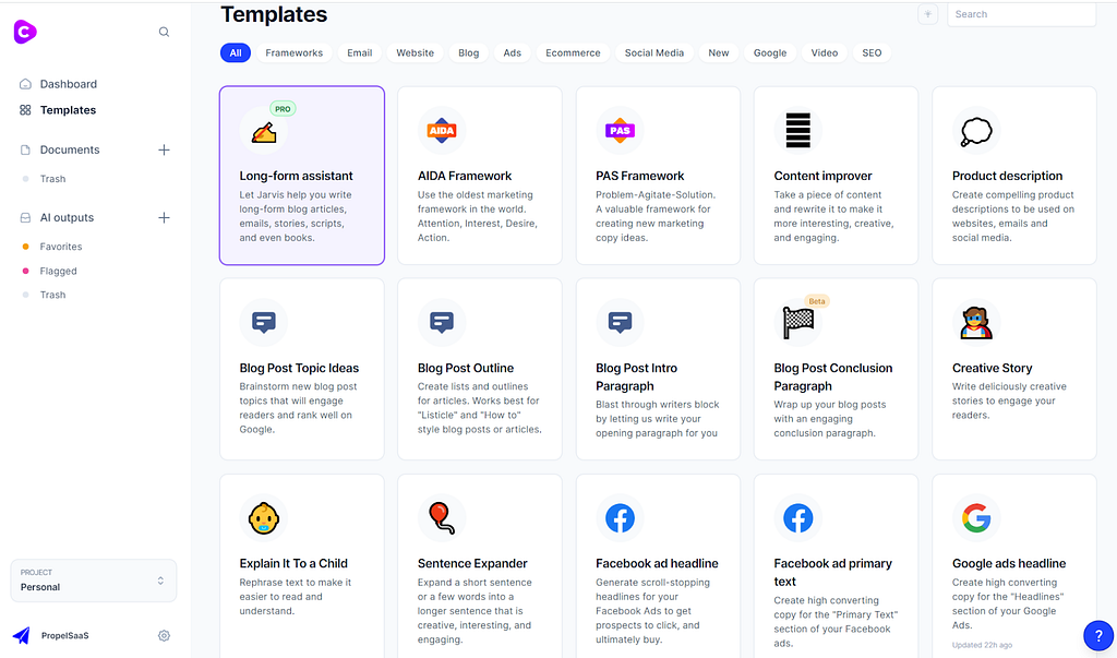 A screenshot of Jasper’s Templates dashboard.