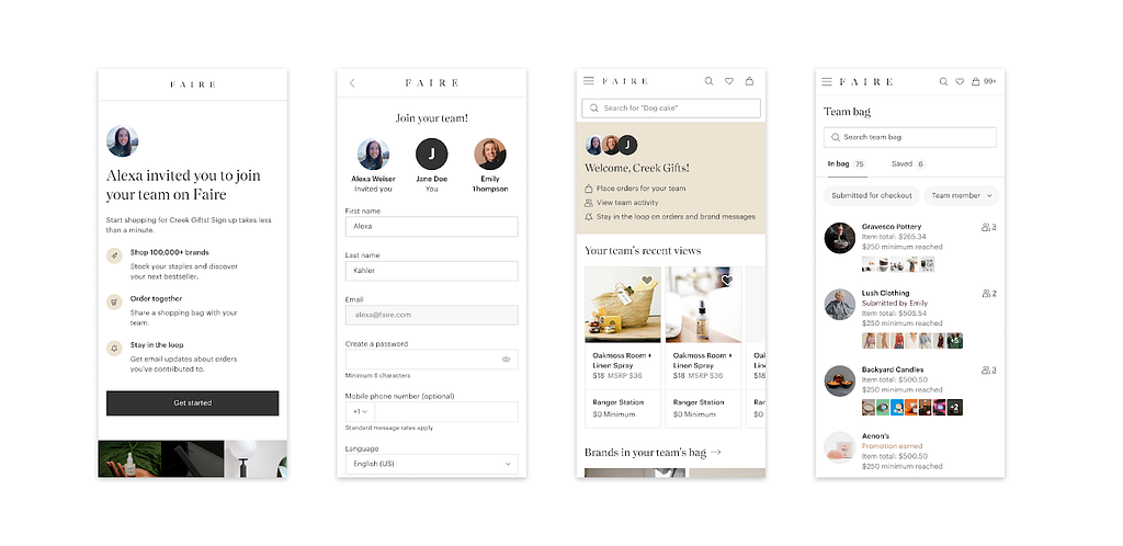 Four screens illustrating the Faire for teams experience, including an invite message, a modal to set up team information, a screen showing the Faire homepage with a “Welcome, Creek Gifts!” sample message at top, and a screen showing the team bag experience.