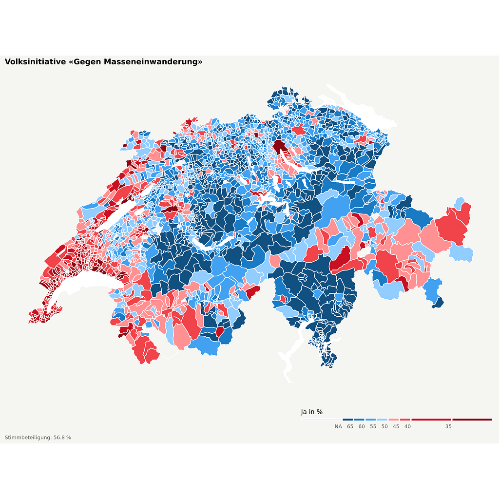 Karte welche die Resultate der Masseneinwanderungsinitiative zeigt.