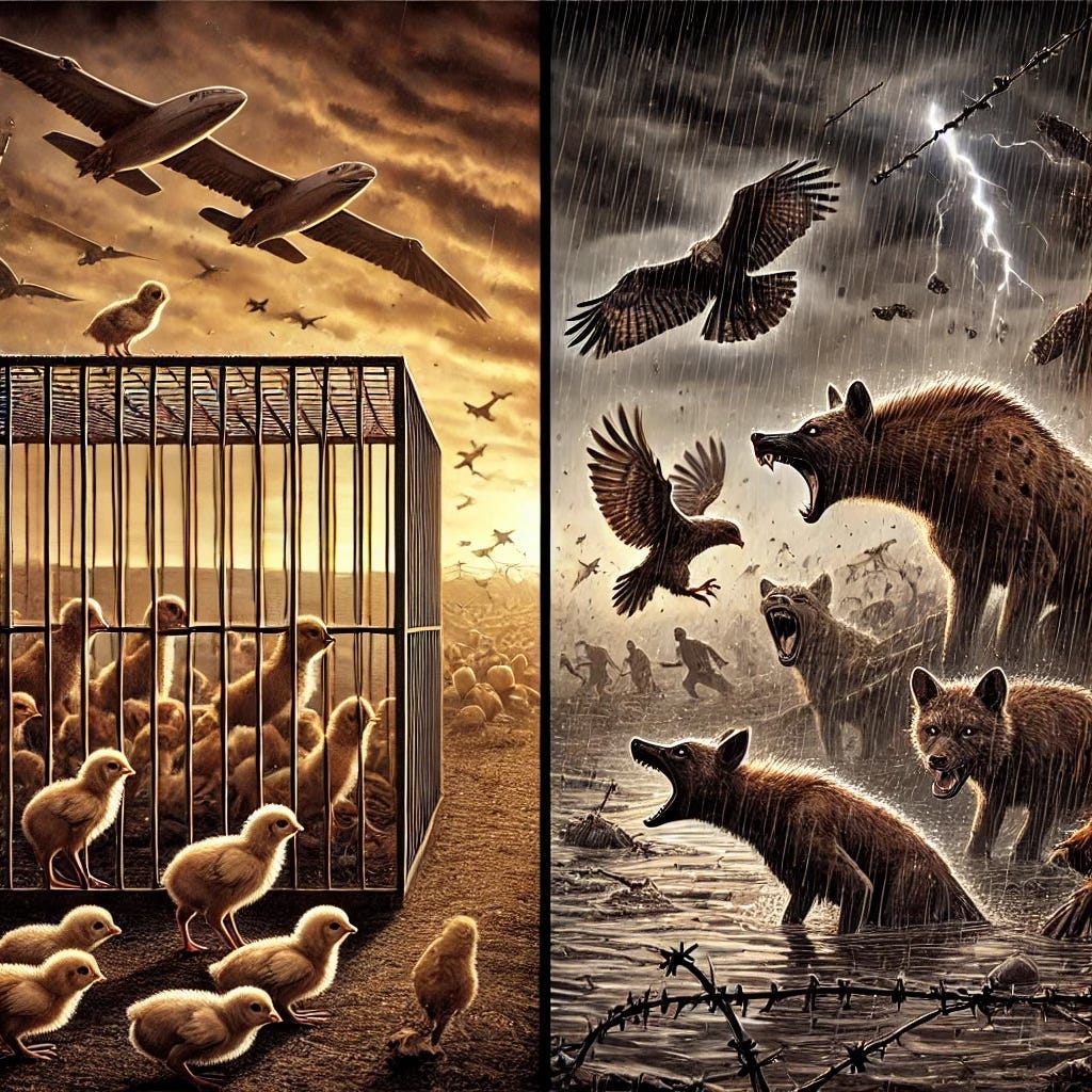 Figure 01: Image created by the Editor via DALL-E 3: A parallel illustration showing chicks in metal cages on one side and free chicks being attacked by hungry hyenas and predatory hawks in a muddy swamp on the other. The image symbolizes the incubator of conflicts in which certain communities are immersed today.