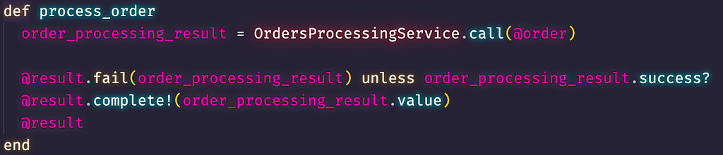 The `process_order` method calls an OrdersProcessingService, which returns a result. In the failure case, the ShoppingCartService result is failed, otherwise, it is completed with the order as its value.