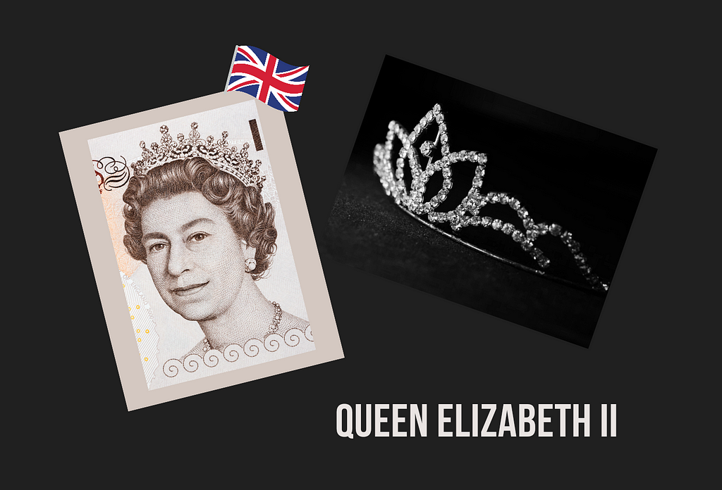 A Queen image, the English flag, and a crown on a gray background