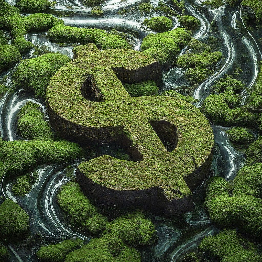 Moss-covered dollar sign amidst natural streams, symbolizing the intersection of cryptocurrency and environmental sustainability.