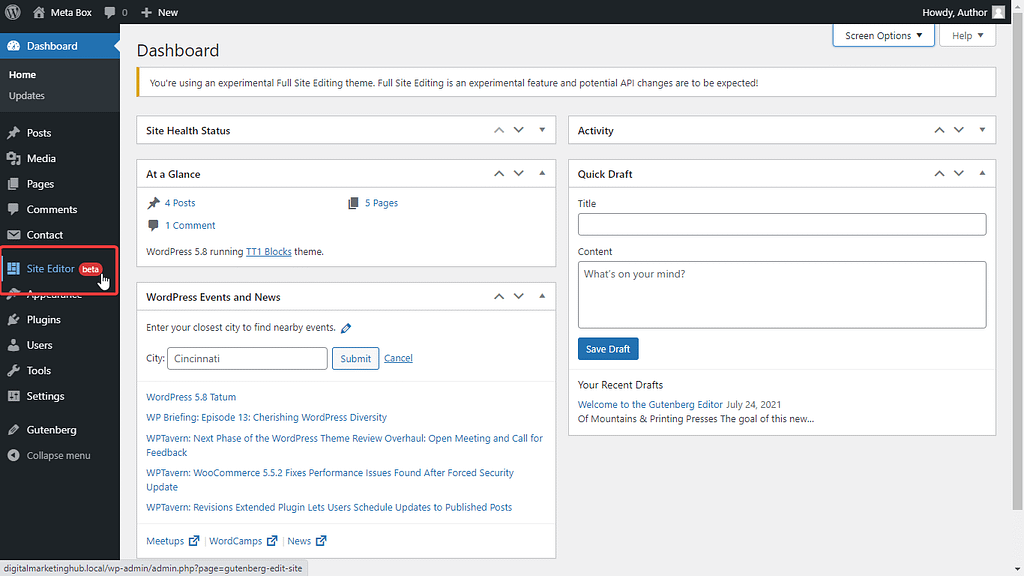 After installing, you will see the Site Editor (beta) menu in your Dashboard