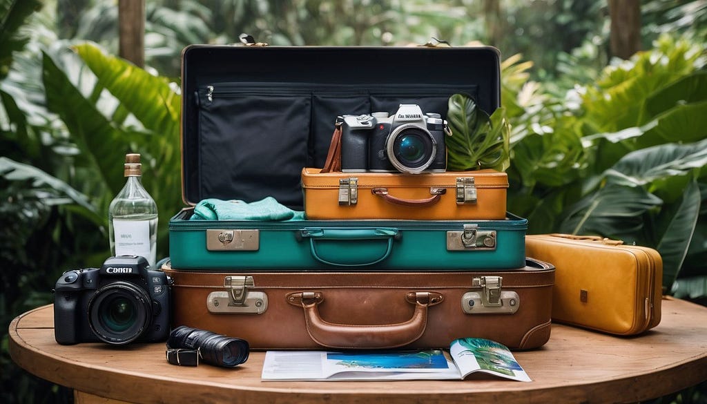 A set of suitcases being packed for a Bali holiday with a lush tropical forest background