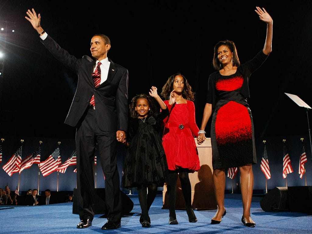 The Obama family at a gathering on election night in Chicago in 2008.