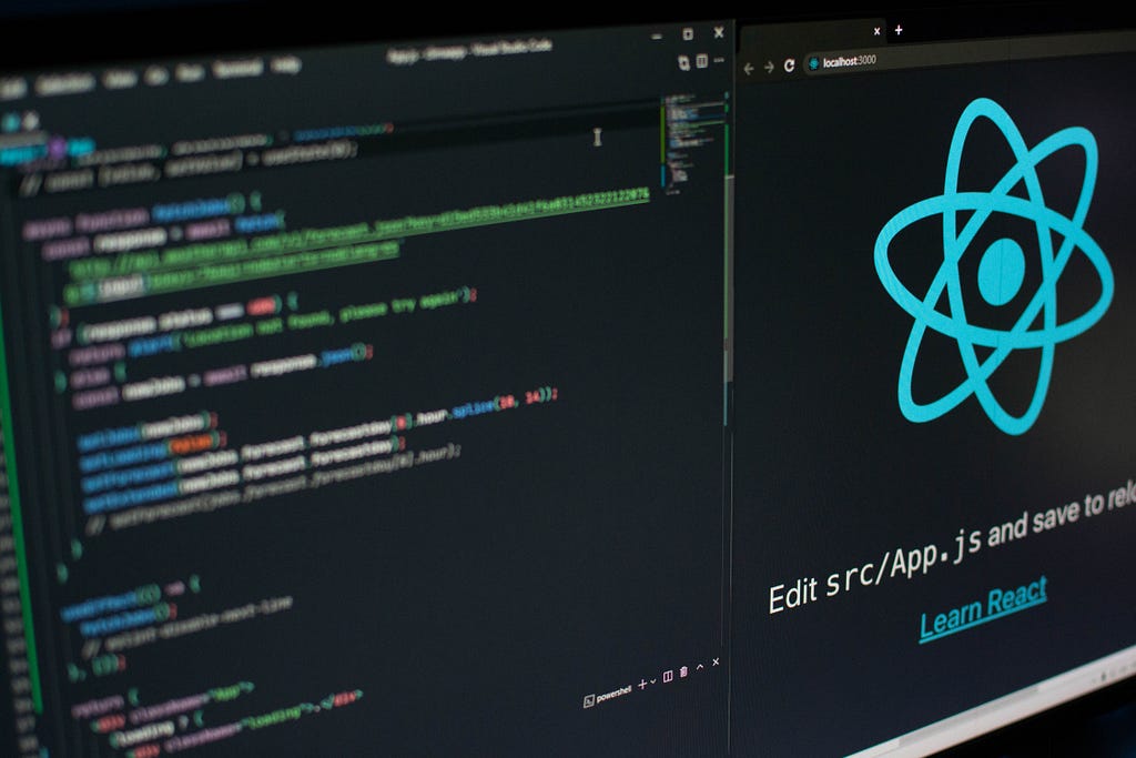 Depict a computer screen with the React logo