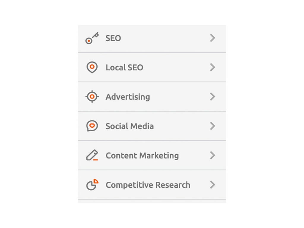 Semrush’s six core areas; SEO, Local SEO, Advertising, Social Media, Content Marketing, and Competitive Research.